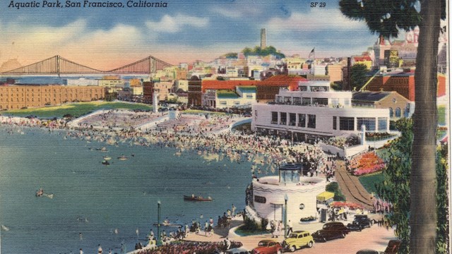 Colored postcard from the 1930s showing a view of Aquatic Park Cove