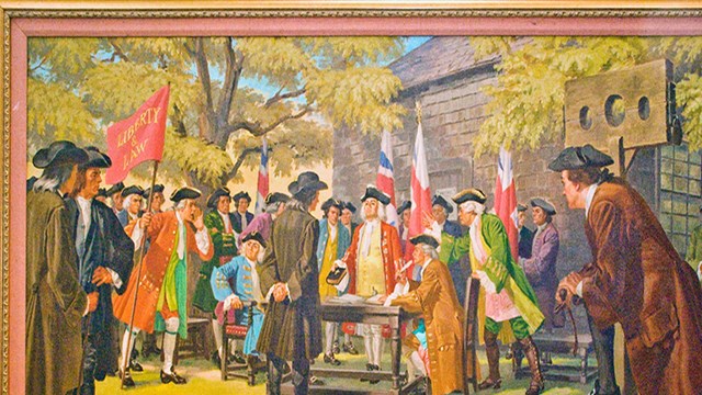 Painting of many men dressed in colonial clothes