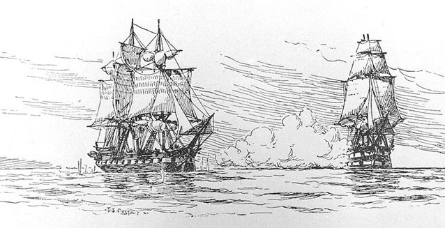 One sailing ship fires on another. HMS Leopard (right) fires upon the USS Chesapeake
