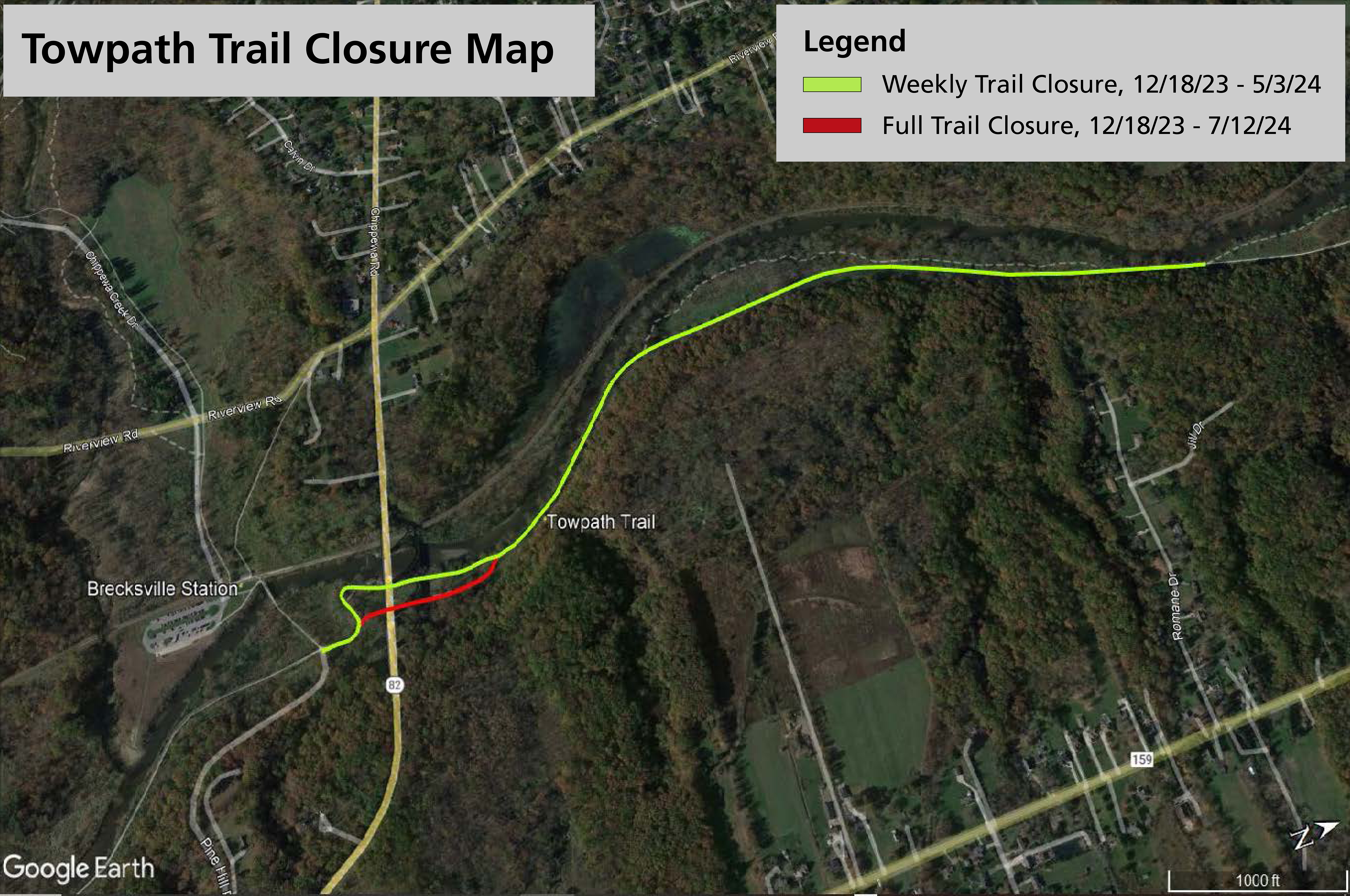 Aerial photo of a mostly forested river valley and a bright green line showing a trail closure; text reads "Towpath Trail Closure Map" and "Legend: green = weekly trail closure, 12/18/23-5/3/24."
