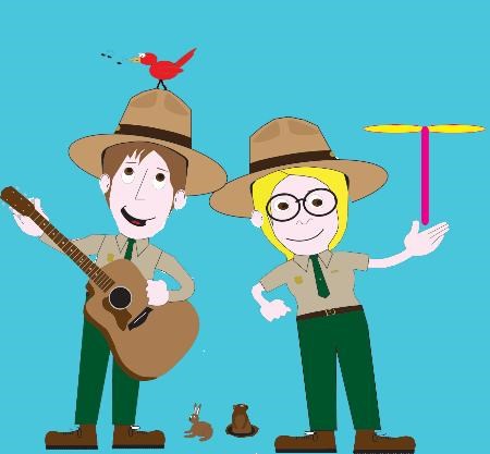 Two caricature rangers, one on left with a guitar and a bird on his hat and a ranger on the right holding a play helicopter.