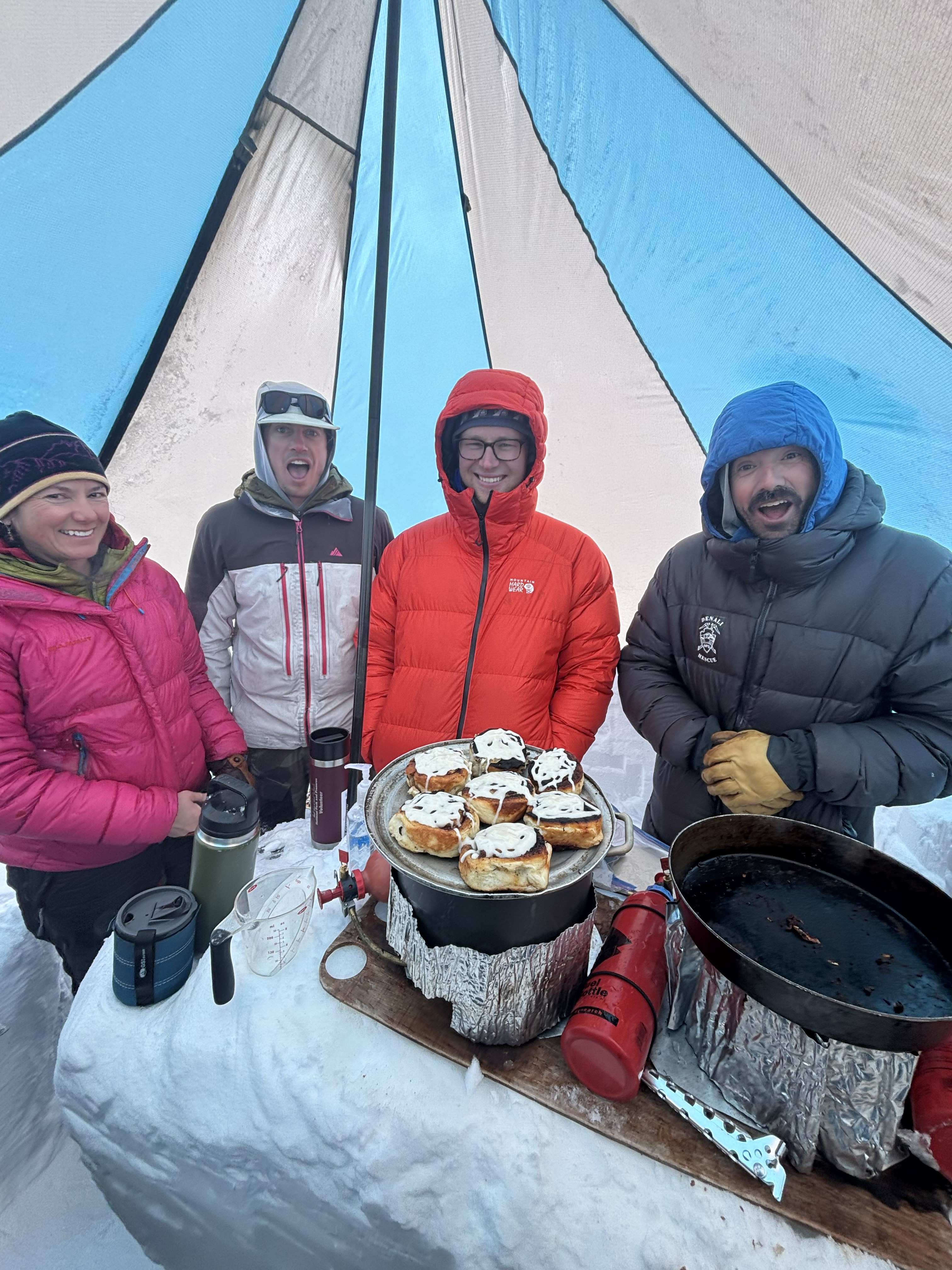 WB Barrier Cooking Despite stormy weather, stoke remains high on patrol 1. The team celebrated volunteer Joe Grout’s birthday with some backcountry baking. Happy Birthday Joe! Left to right: Andrea Tupy, Carter Keene, Joe Grout, Joseph McBrayer. Photo: S. Barrier