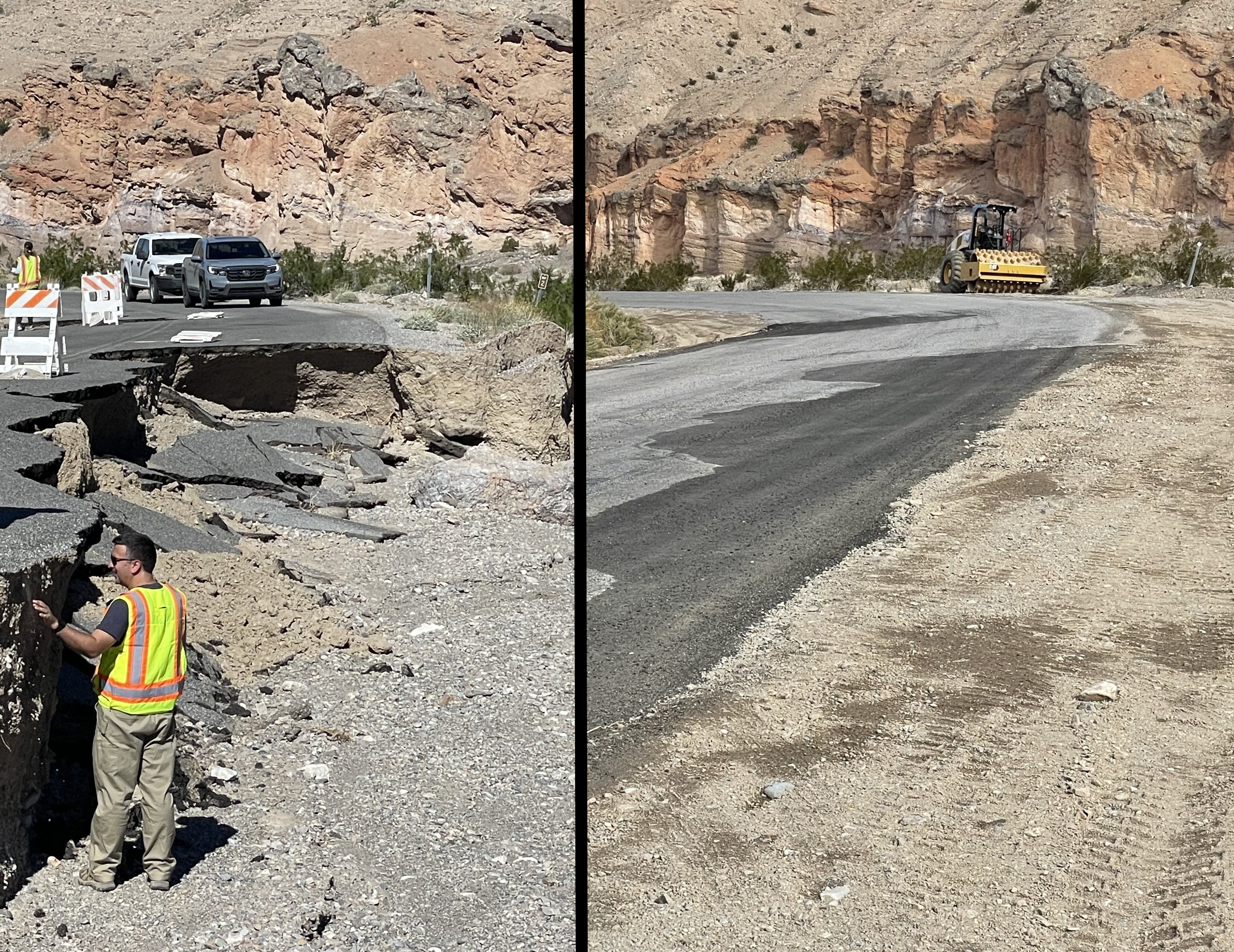Two images of the same location on different dates separated by a black vertical line. On the left a person in reflective safety vest stands below and next to a damaged road. On the right, the same area has a fresh black asphalt patch.