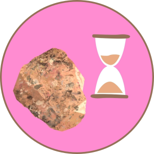 Rock Cycle & Geologic Time A chunk of the pink coarse pikes peak granite it shown beside an hourglass with pink sand.