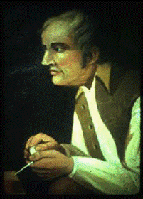 BlogPictureNickH7 A posthumous portrait of Nicholas Herkimer based on period descriptions. His complexion and hair are dark, and he has a receding hairline. He wears a white shirt, a brown vest, and holds a white clay pipe.