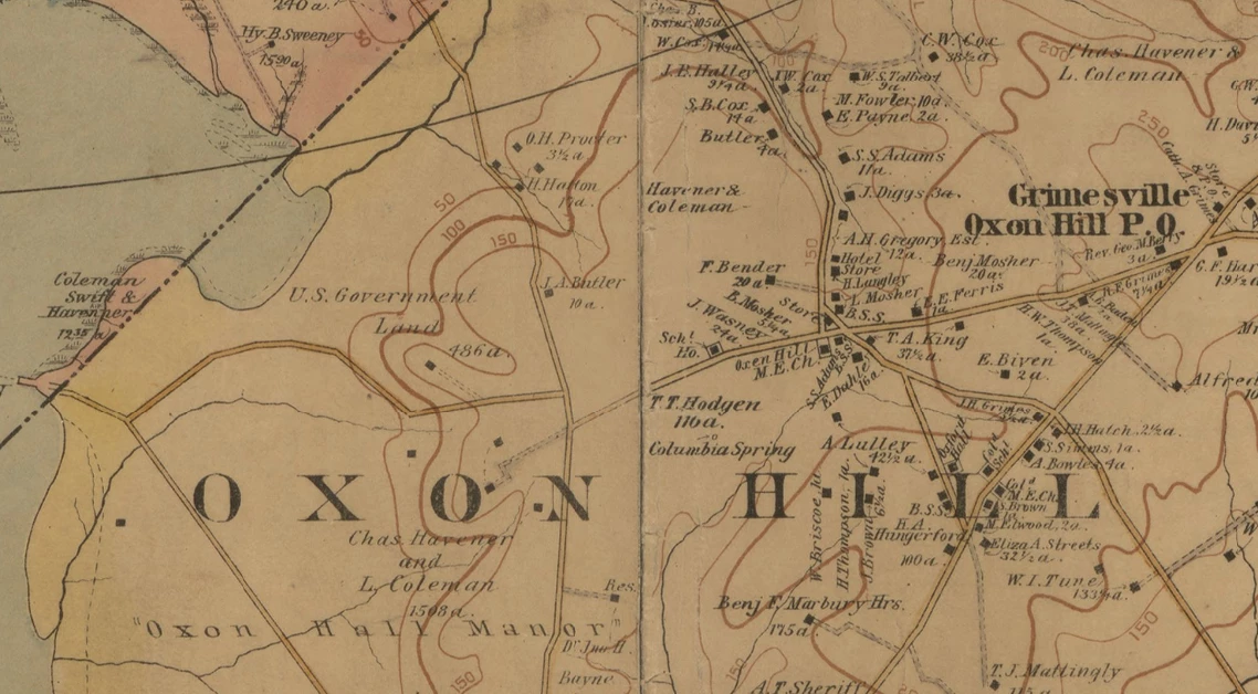 1894 Property Map An old map shows an area title 'Oxon Hill'. Land is colored tan and water blue. In the top left corner of the map, a piece of land is marked 'US Government Land'. To the right (west) of that are three properties. Starting from the top, two rectangles, sig