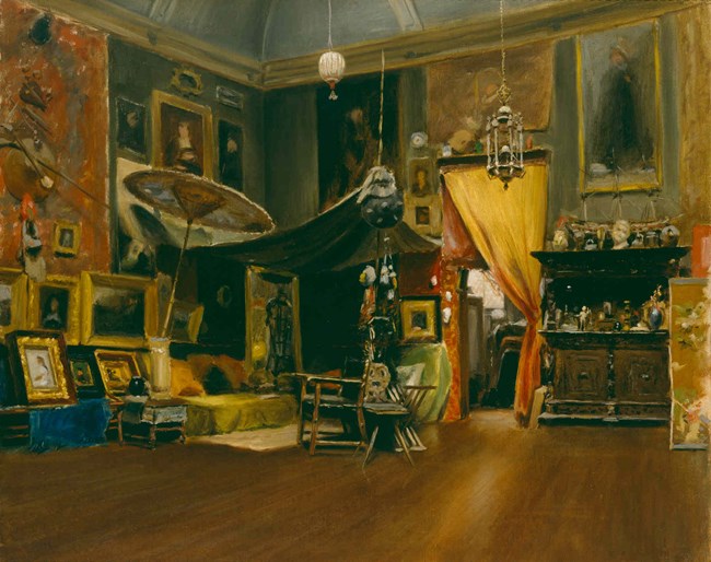 A painting of a 1800s artists' studio.