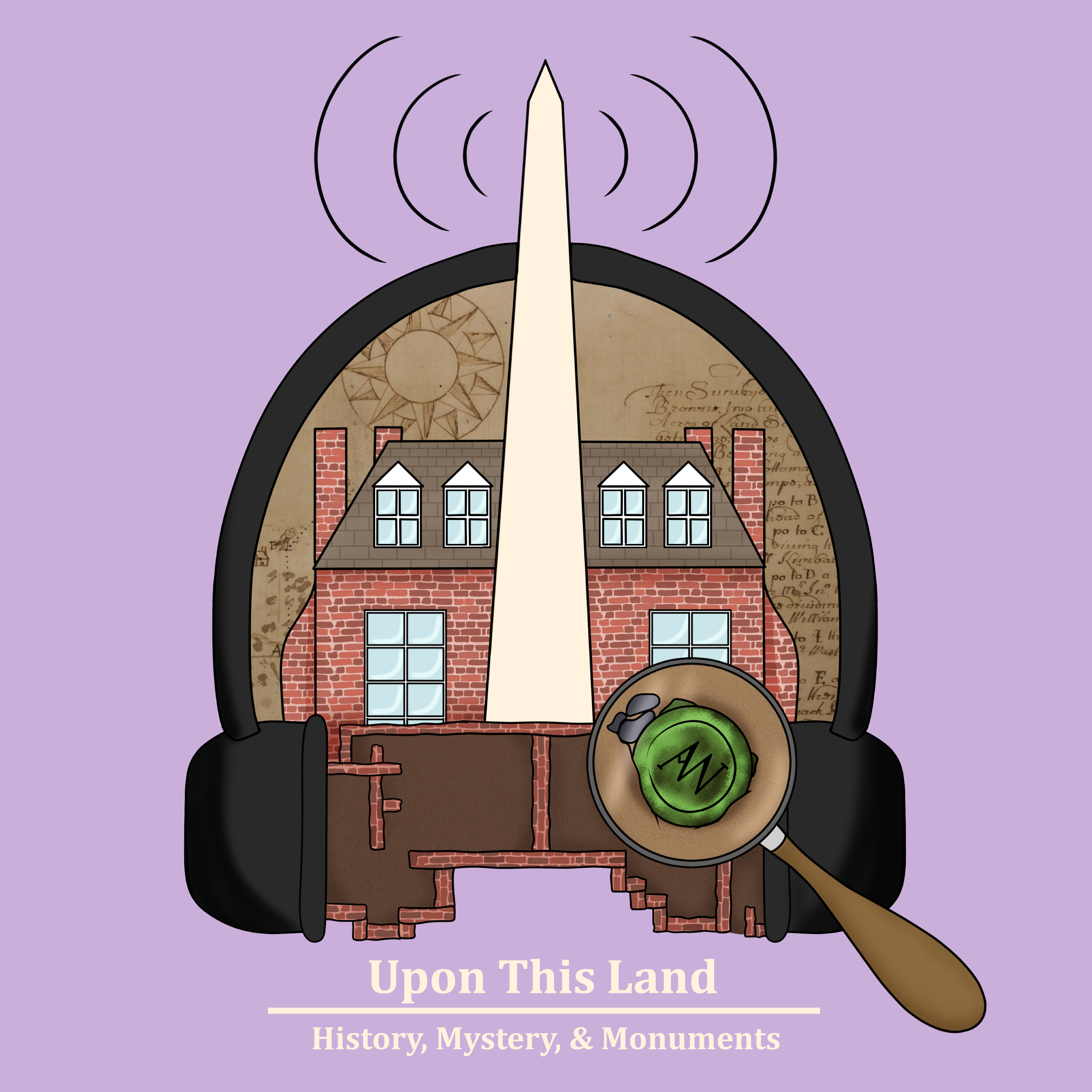 Graphic logo with headphones, monument, house, and a magnify glass