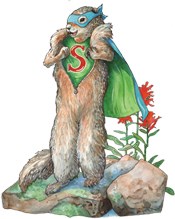 artwork of Super Squirrel unzipping his fur and revealing his superhero costume