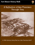 colored front cover of walking tour showing historic aerial of Fort Mason