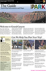 Front cover of 2015 Grand Canyon North Rim Guide Newspaper. Shows a photo of Roosevelt Point.