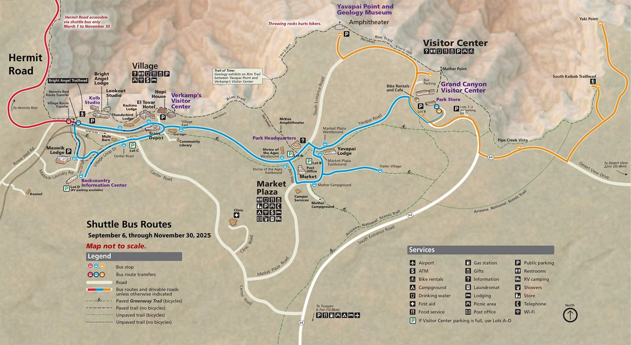 Map showing South Rim Grand Canyon Village and Vicinity showing three shuttle bus routes that are in service during the spring. The 4 routes are indicated by blue, orange purple and red lines.
