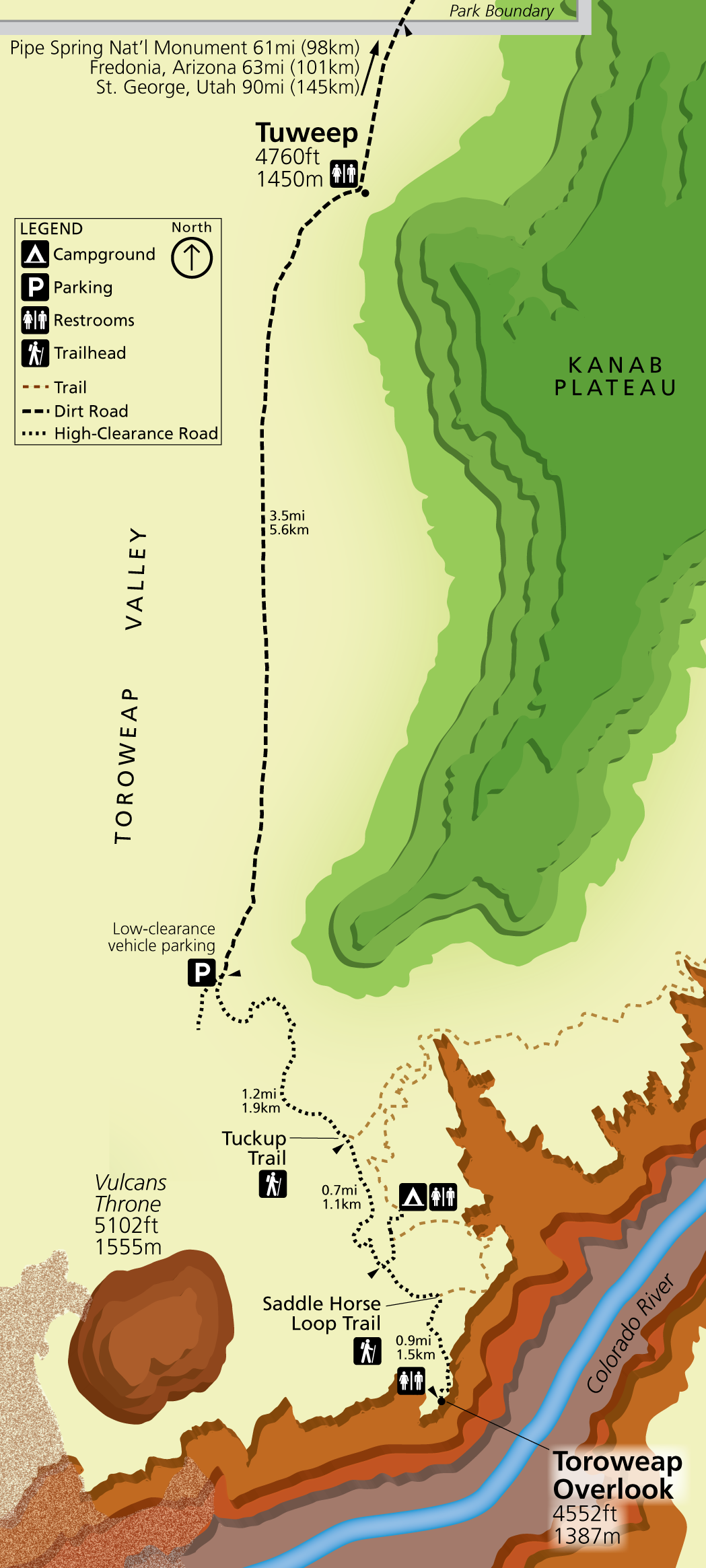 Map of Tuweep. Top of the map is north, with Tuweep at base of Kanab Plateau. Toward the bottom, 5.4 miles (8.6 km) from Tuweep, is the campground. Continuing southeast .9 mile (1.5 km) to Toroweap Overlook and Colorado River view.