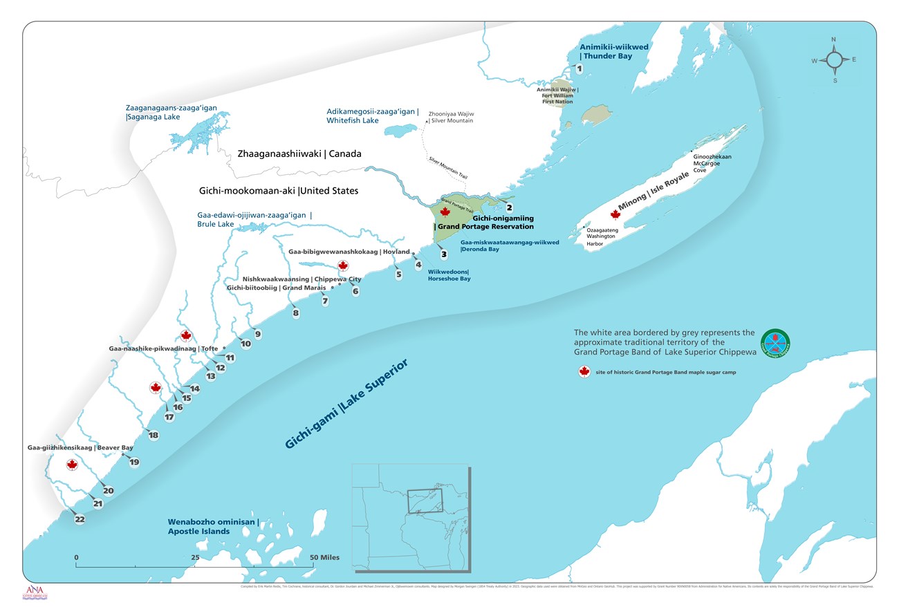 Map showing rivers and other features along part of Lake Superior's north shore with their Oijibwe and common names.