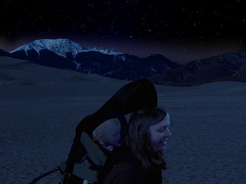 Woman and Baby on the Dunes at Night