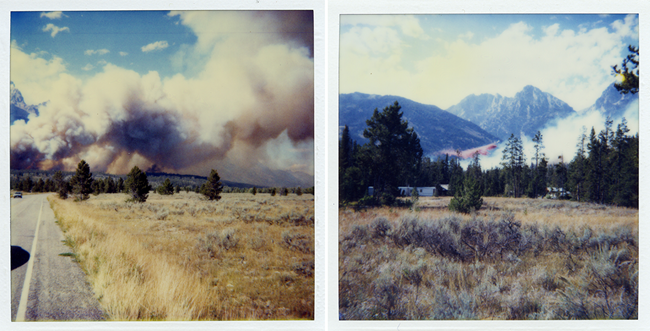 Beaver Creek Fire Left image: as cars drive along the park highway, a smoke plume billows in the background in front of the mountains. Right image: a plane drops pink retardant against the backdrop of the Tetons.