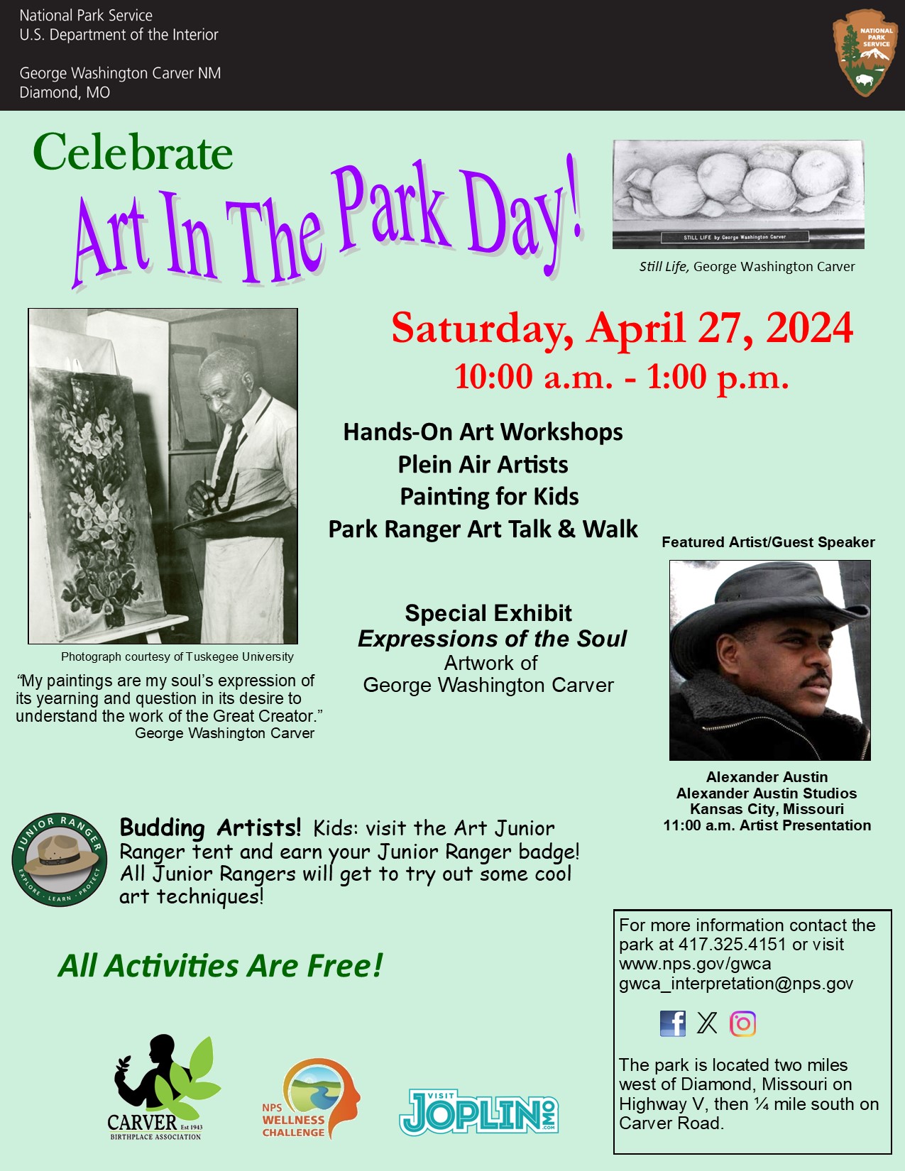 Infographic for Art in the Park. A black and white photograph of George Washington paint and a headshot of a man wearing a black cowboy hat.