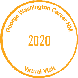 Circular orange stamp with the text George Washington Carver NM  Virtual Visit 2020