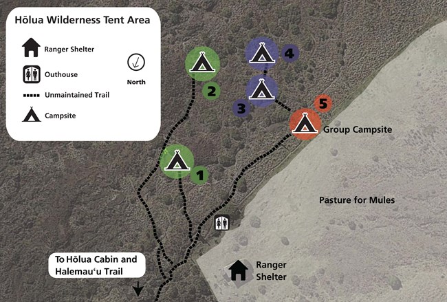 Map of sites 1-5 at the Hōlua tent area