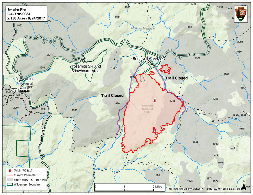 A map illustrating the Empire fire, burning about a mile from Bridalveil Creek Campground.