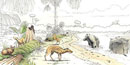 Scene of swampy jungle depicting flora and fauna during the Eocene period