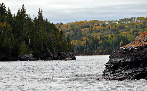 Entry to Middle Island Passage. Forrested Rock Outcrops jutting into a narrow waterway of Lake Superior