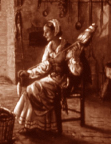 detail of NPS artist Sydney King's painting, depicting a woman spinning flax before the fire