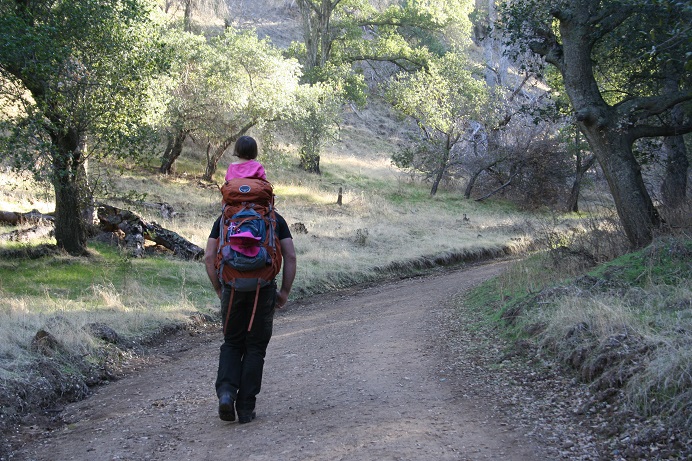 Adult with a child on his shoulders hiking up a dirt trail. Adult with a child on his shoulders hiking up a dirt trail.