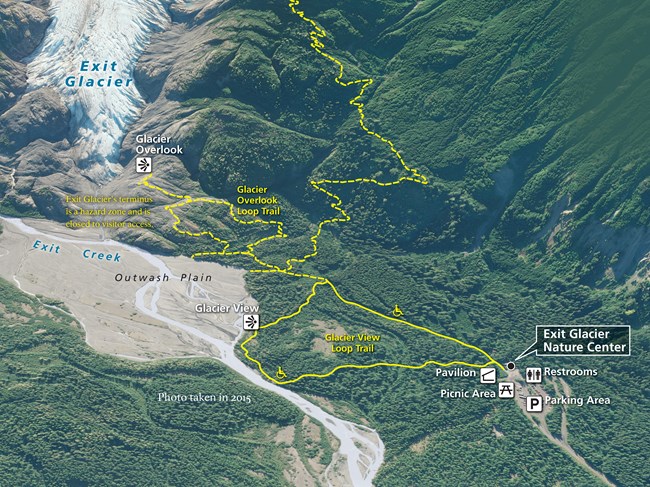 Map of Exit Glacier Area including Glacier View and Glacier Overlook trails.