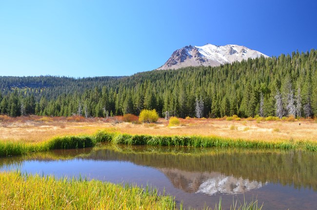 Lassen Peak and Hat Creek a snow-capped mountain overlooks a large grassy meadow, the mountain's reflection is visible in a creek running through