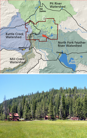 Two stacked photos of a map showing four watersheds and a rustic lodge in a meadow