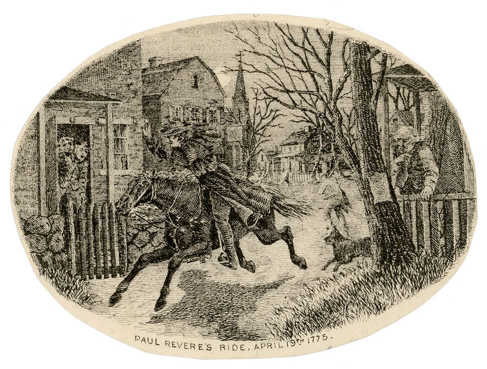 Engraving of Paul Revere riding a horse through a village street with figures in doorways and porches