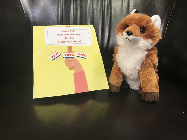 A stuffed red fox with a sign saying "Vote Foxy - Fast and Friendly for the Next Four Years!"