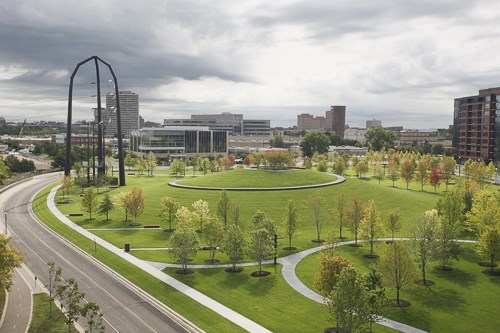 Overview of Gold Medal Park with the city of Minneapolis in the background.