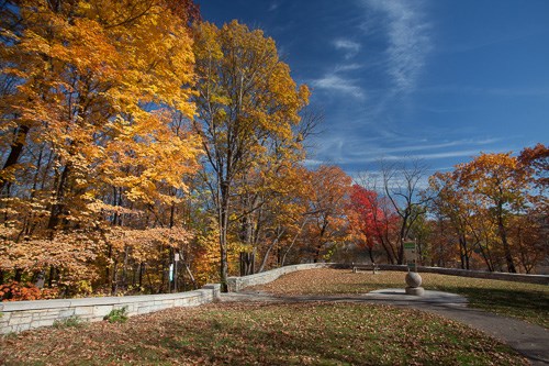 Fall colors brighten a walking trail in the park