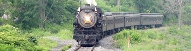 Steam locomotive on curved track in trees and bushes pulling passenger car.