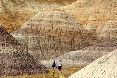 Two visitors walk the trail among the badlands at Blue Mesa