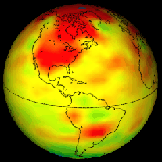 This image of Earth with green, yellow, orange and red to depict increased global warming.
