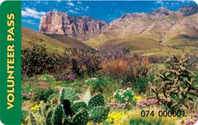 The America The Beautiful Volunteer Pass depicts a desert scene with mountains in the background. The America The Beautiful Volunteer Pass depicts a desert scene with mountains in the background.