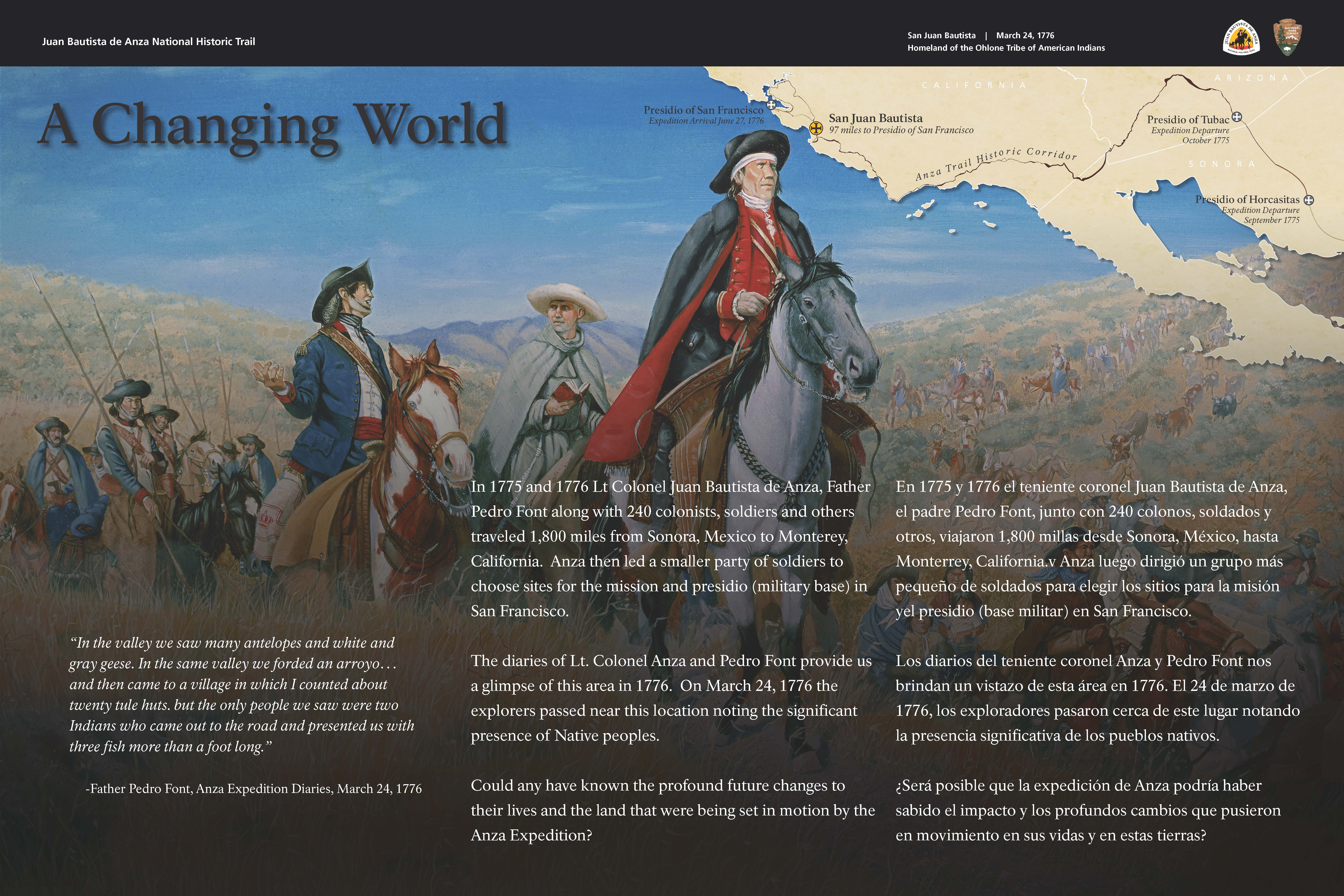JUBA Wayside_SJB 2018 Graphic Illustration of a group of people on horses traveling in a line in Spanish soldier clothing with a map of Mexico and the southwestern United States.