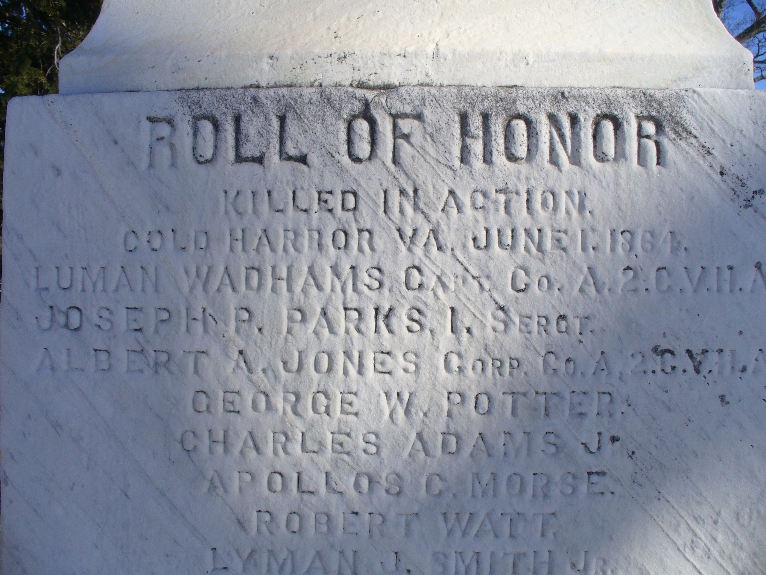 white stone monument inscribed with the words “Roll of Honor” and the names of soldiers killed in action at Cold Harbor
