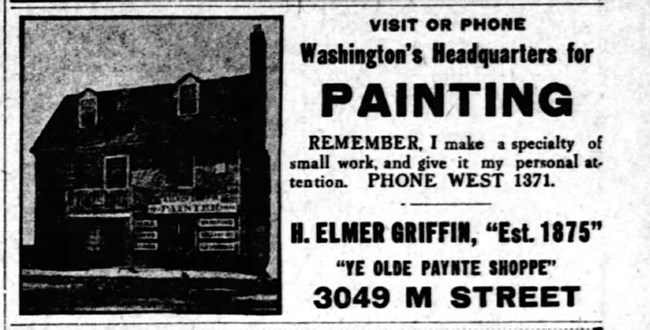 A black and white advertisement for the paint shop business at Old Stone House.