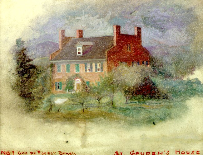 painting of brick house with tree