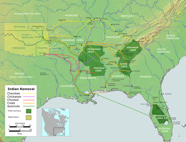 Map of Trails of Tears route through Tennessee. Green map of Ssoutheastern United States showing the route of the Trail of Tears through Murfreesboro and middle Tennnessee.
