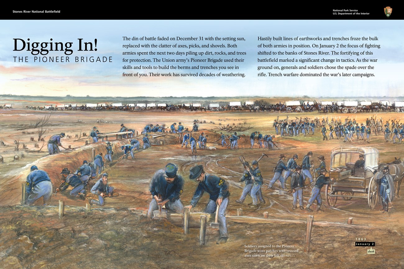 A painting of Union soldiers building earthworks. In the background, a wagon is unloaded while a line of covered wagons pass by.