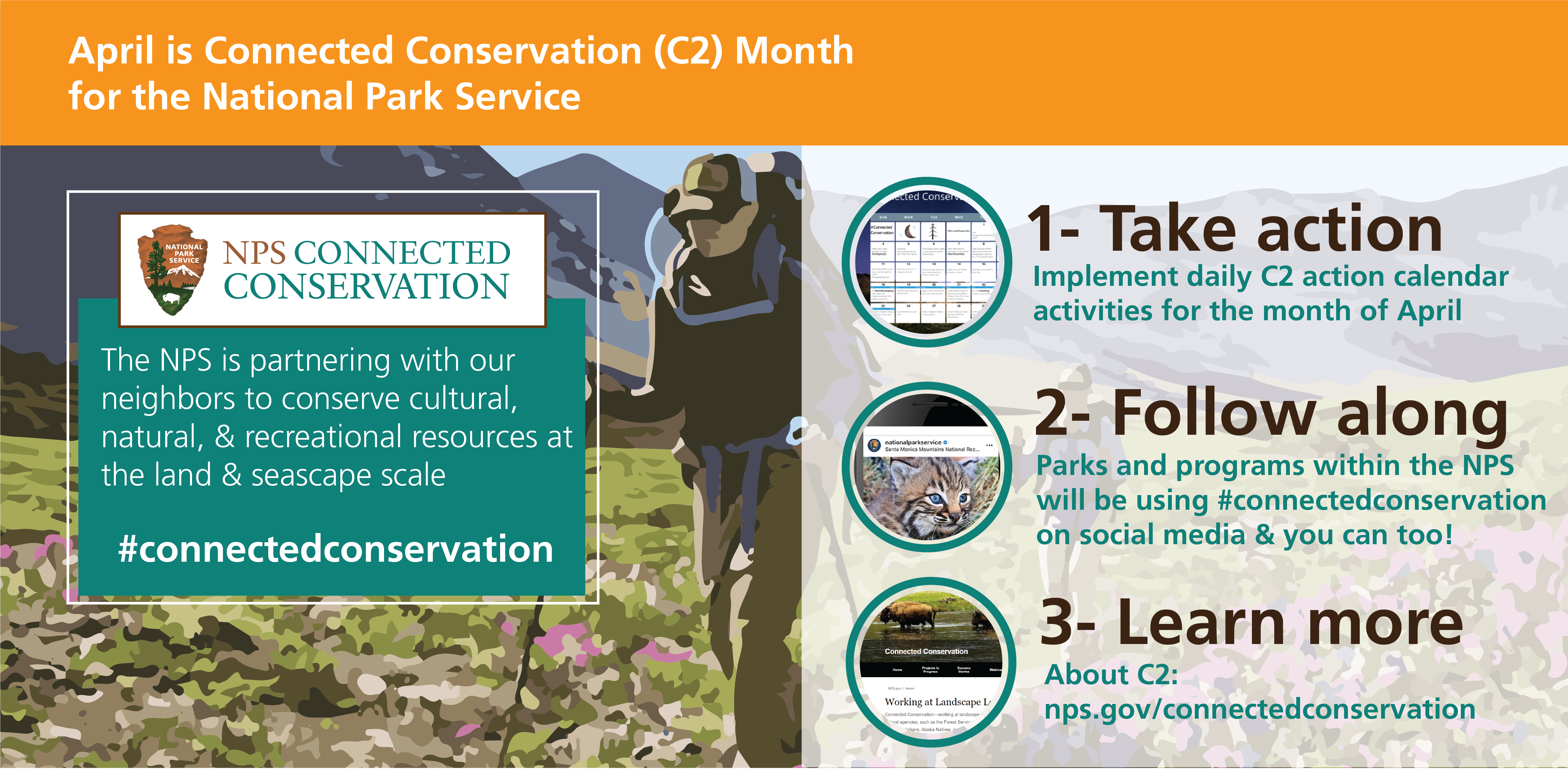 connected conservation logo 1. take action 2. follow along 3. learn more.