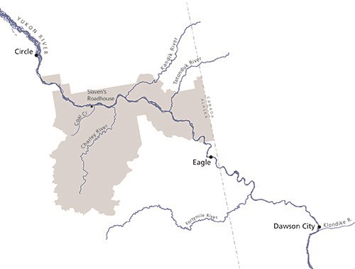 500_YUCH_rivers_roadhousemap Map of Yukon River and tributaries crossing the border between Alaska and Canada, with the location of Slaven's Roadhouse indicated.