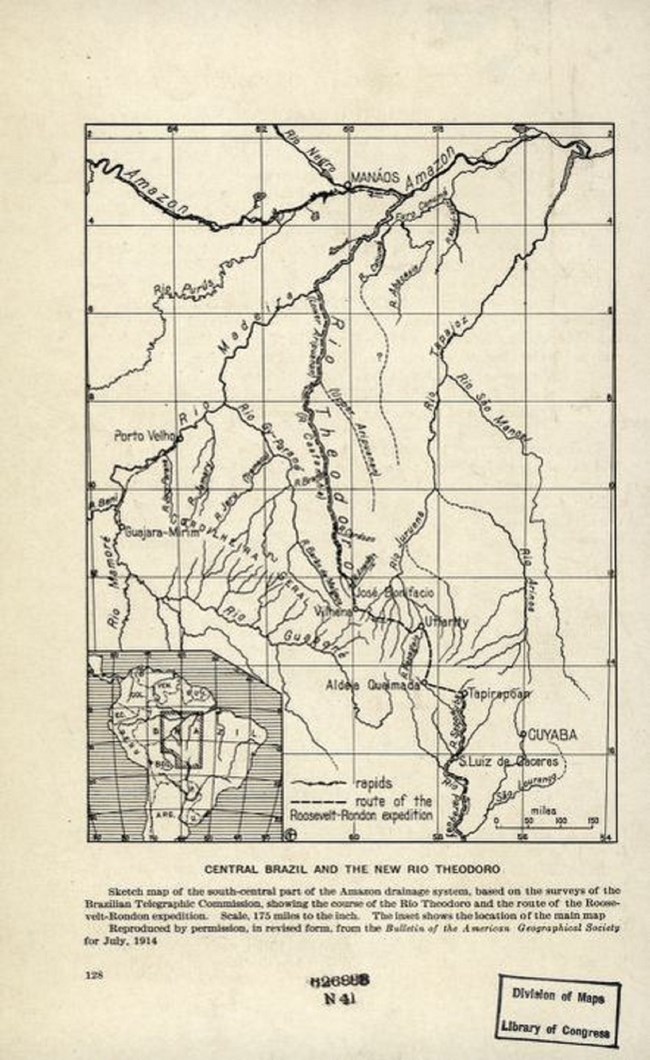 Old map of Brazil, highlighting location of River of Doubt