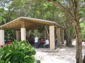 Seniors enjoying a picnic at one of the two picnic pavilion at Hawknest.
