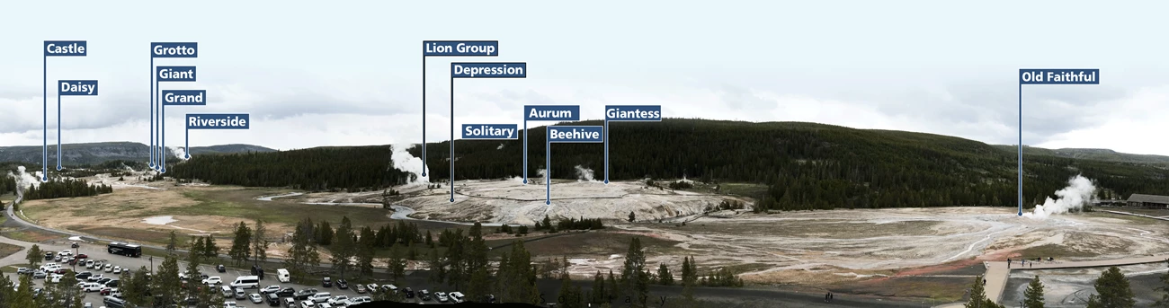 Labels identifying notable geysers in the upper geyser basin